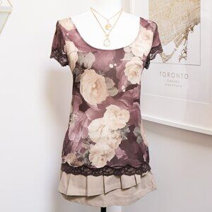 Dusty Rose Lace Trim Scoop Neck Tee 💐 JAPANESE BRAND